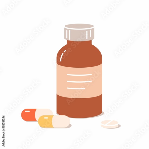 Pills and capsules with Medical Glass Bottle Isolated on White Background. Vector illustration