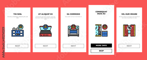 Cleaning Building And Equipment Onboarding Mobile App Page Screen Vector. Regular Cleaning Apartment And House Room, Bbq Grill Kitchen Tool, Clean Carpet Curtains With Appliance Line. Illustrations