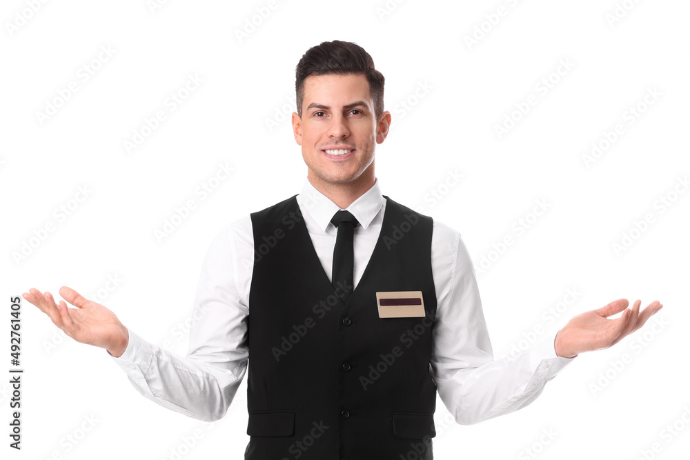 Portrait of happy receptionist in uniform on white background Portrait of happy receptionist in uniform on white background