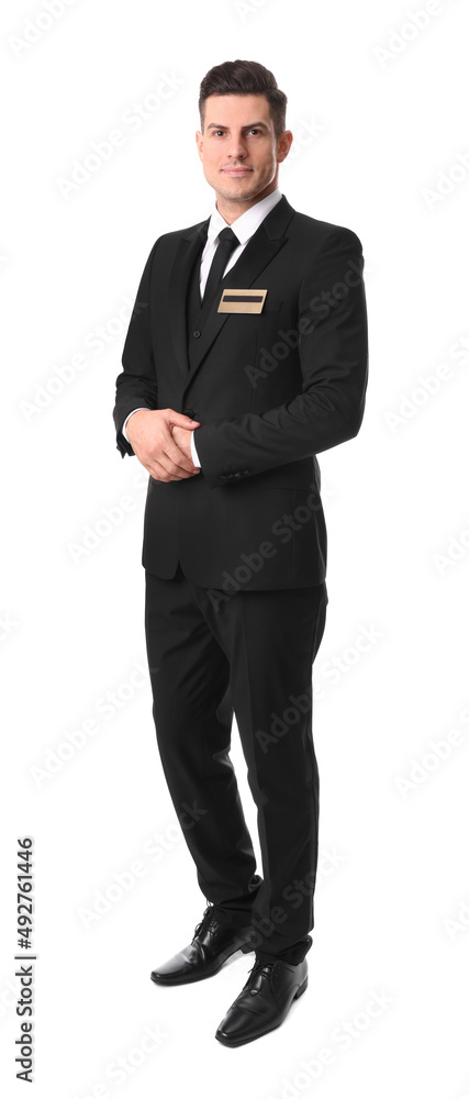 Full length portrait of happy receptionist in uniform on white background Full length portrait of happy receptionist in uniform on white background