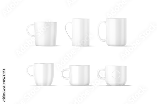 Blank ceramic coffee and tea mug mockup, different types, isolated