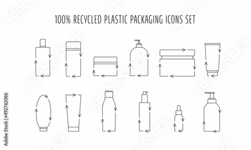 Recycled cosmetic plastic bottles set - eco packaging icon. Vector stock illustration isolated on white background for label, wrapping, package. 