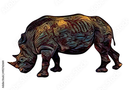Rhinoceros side view. Isolated on white background. Raster Abstract illustration.