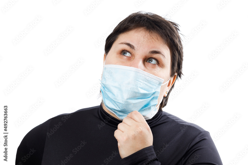 brunette woman with medical mask on face isolated on white background