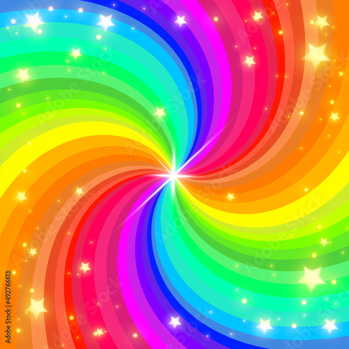 Rainbow swirl background with stars. Radial gradient rainbow of twisted spiral. Vector illustration.