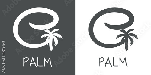 Logotipo texto Palm con letra G en tipografía con forma de silueta de palmera en fondo gris y fondo blanco