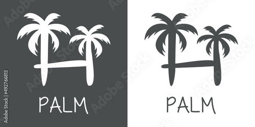Logotipo texto Palm con letra H en tipografía con forma de silueta de palmera en fondo gris y fondo blanco