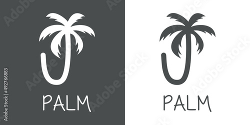 Logotipo texto Palm con letra J en tipografía con forma de silueta de palmera en fondo gris y fondo blanco
