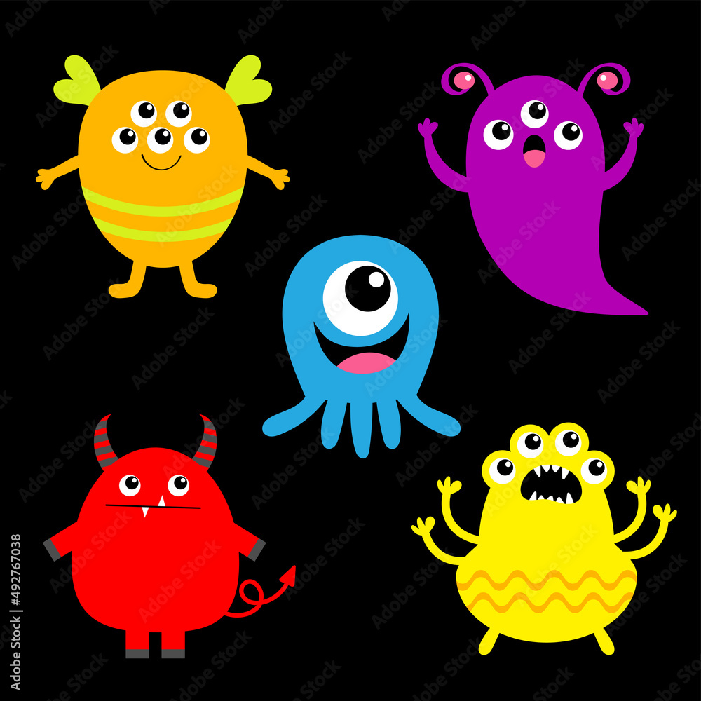 Happy Halloween. Monster set icon. Kawaii cute cartoon baby character. Funny face head body colorful silhouette. Hands up, eyes, horn, fang teeth tongue. Sticker print. Flat design. Black background. Happy Halloween. Monster set icon. Kawaii cute cartoon baby character. Funny face head body colorful silhouette. Hands up, eyes, horn, fang teeth tongue. Sticker print. Flat design. Black background.