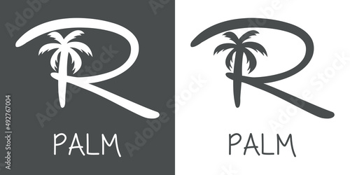 Logotipo texto Palm con letra R en tipografía con forma de silueta de palmera en fondo gris y fondo blanco