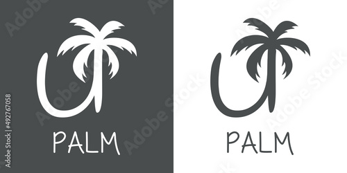 Logotipo texto Palm con letra U en tipografía con forma de silueta de palmera en fondo gris y fondo blanco