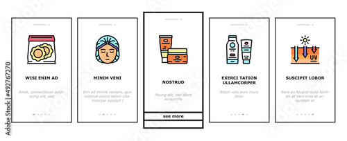 Solarium Salon Tanning Service Onboarding Mobile App Page Screen Vector. Disposable Protective Cap Glasses, Horizontal Vertical Solarium Cabin, Suntan And Sun Protect Cream Packages. Illustrations