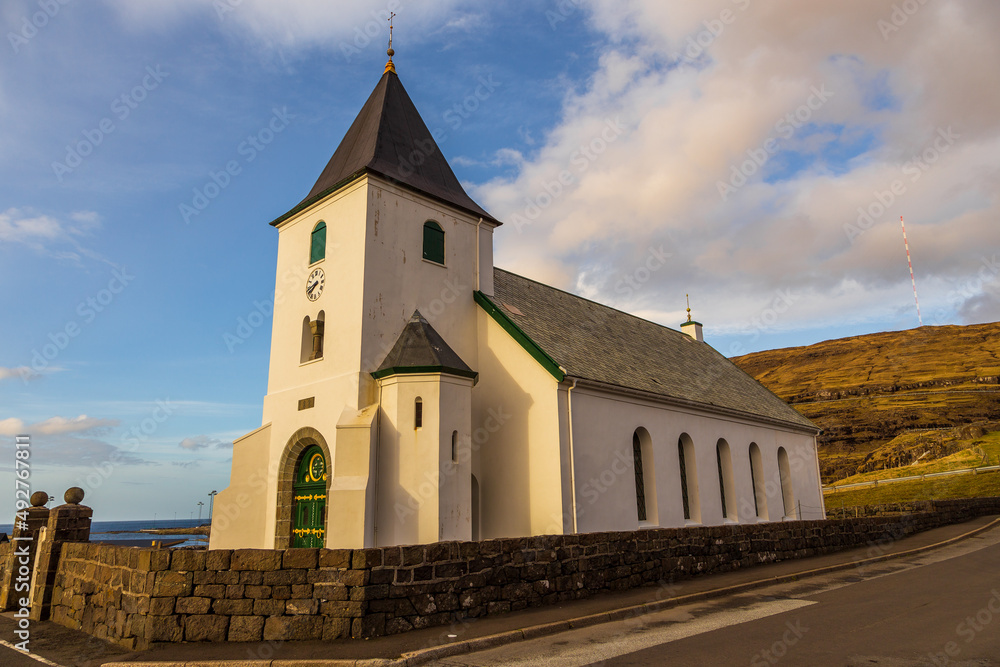 Eidi Church on a hill. Faroe Islands.