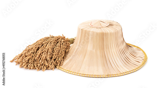 Hat and ear of japanese rice isolated on white background.