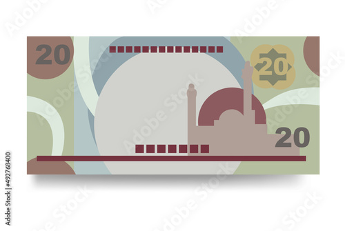 Bahraini Dinar Vector Illustration. Bahrain money set bundle banknotes. Paper money 20 BHD. Flat style. Isolated on white background. Simple minimal design.