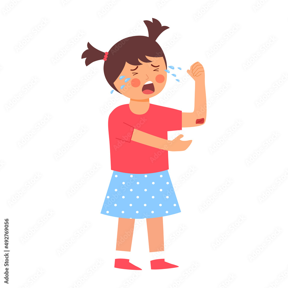 Crying girl kids has elbow bleed in flat design on white background. Child injured. Crying girl kids has elbow bleed in flat design on white background. Child injured.