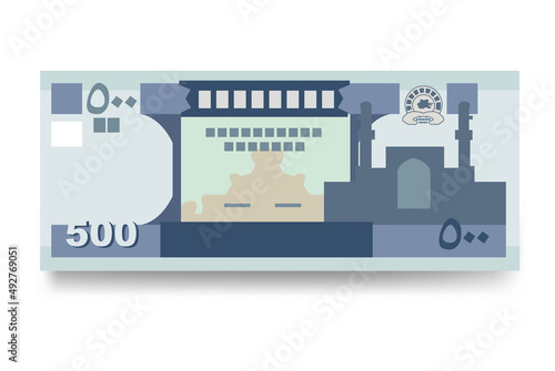 Afghan Afghani Vector Illustration. Afghanistan money set bundle banknotes. Paper money 500 AFN. Flat style. Isolated on white background. Simple minimal design.