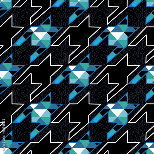 Geometric hounds tooth patchwork pattern. Black and blue modern glen check blend.
