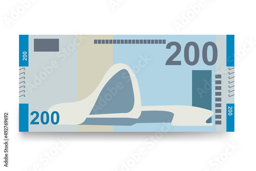 Azerbaijan Manat Vector Illustration. Azerbaijani money set bundle banknotes. Paper money 200 AZN. Flat style. Isolated on white background. Simple minimal design.