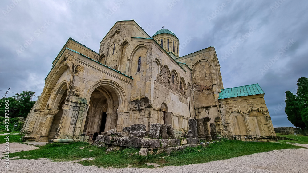 Panoramic view of Bagrati Cathedral in Kutaisi, Imereti, Georgia (Sakartvelo),Central Asia, Europe.Historical architecture of Kutaisi cathedral built in the 17th century.The Cathedral of the Dormition