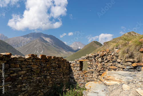 The ruins of the Zakagori fortress in the Truso Valley near the Ketrisi Village Kazbegi District,Mtskheta-Mtianet in the Greater Caucasus Mountains,Georgia.Stone construction. Ossetia.Border to Russia photo