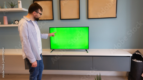 Mock-up screen TV chroma key at home press conference for group of diverse investors