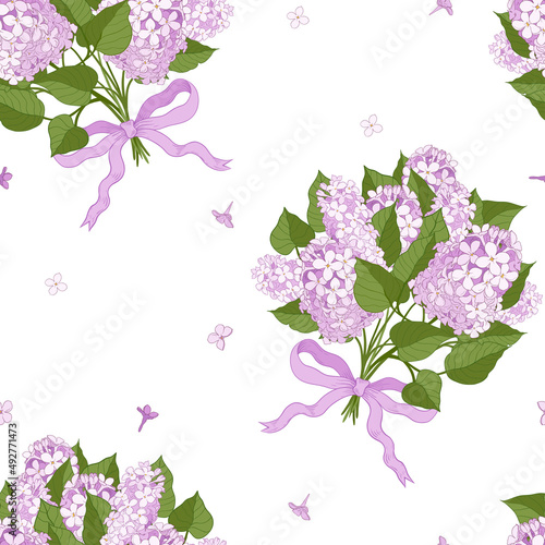 Seamless pattern with bouquets of lilacs bandaged ribbons with a bow on a white background. Vector illustration on white background.Flower composition .