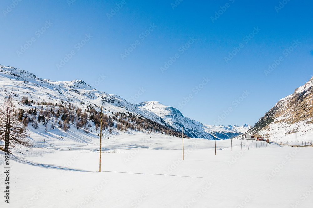 Bernina, Val Bernina, Diavolezza, Berninapass, Lago Bianco, Alpen, Graubünden, Winter, Schneedecke, Bernina-Express, Zugfahrt, Wintersport, Eis, Stausee, Schweiz