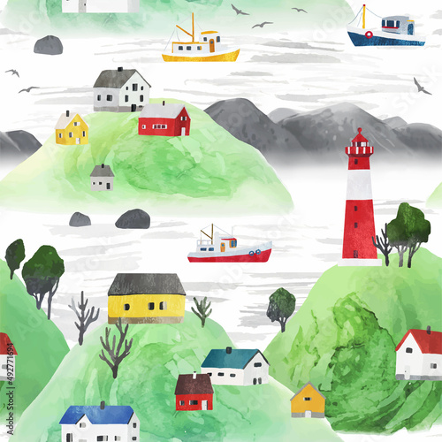 Watercolor vector seamless pattern with houses, lighthouse, mountains and ships. Scandinavian rural landscape. Seamless pattern for textile, wrapping paper, page fill, web design, wallpaper