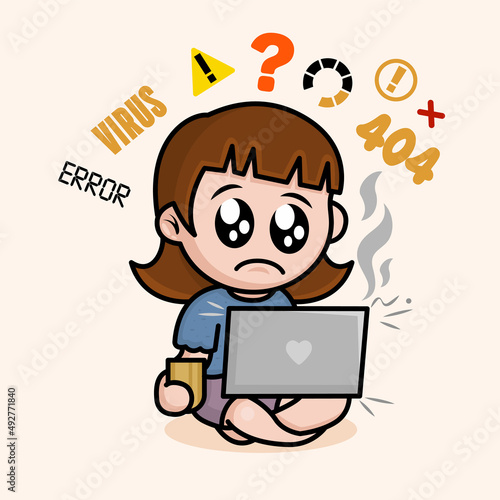 Confused funny girl looking at broken laptop. Computer repair srvice concept.