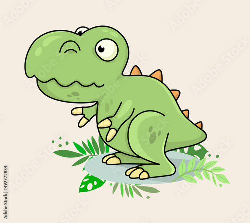 Little funny cute chibi dinosaur. Tyrannosaurus mascot. Character, Suitable for Children Product, Print, Logo, Game Asset, And Other Children Related Occasion.