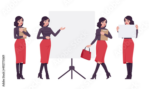 Beautiful brunette secretary, business lady, businesswoman bundle paper work. Smart manager, office girl report. Vector flat style cartoon character set isolated on white background, different poses
