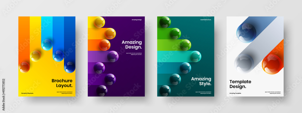 Premium 3D balls front page concept set. Bright company cover A4 vector design illustration bundle.