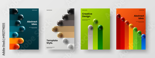 Simple 3D balls leaflet layout composition. Isolated journal cover vector design template set.