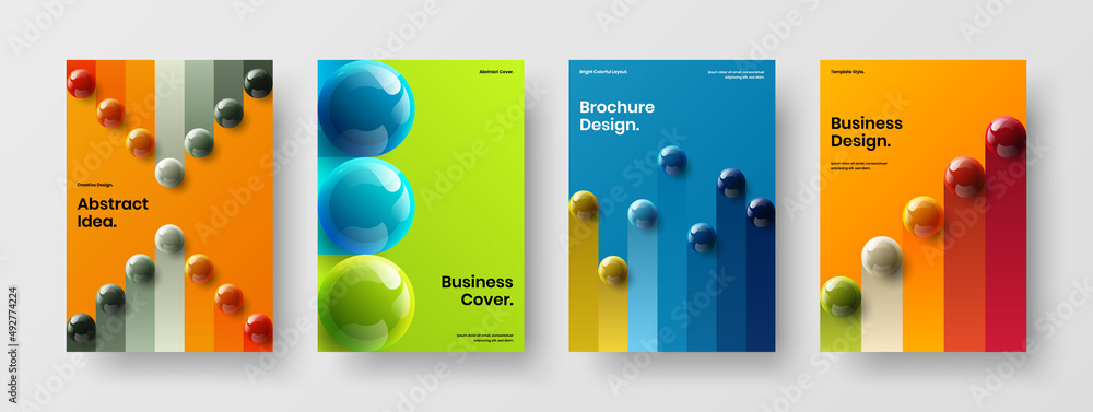 Creative realistic spheres annual report concept collection. Vivid journal cover vector design illustration set.