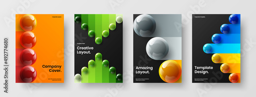 Premium realistic balls magazine cover illustration set. Trendy booklet A4 design vector concept composition.