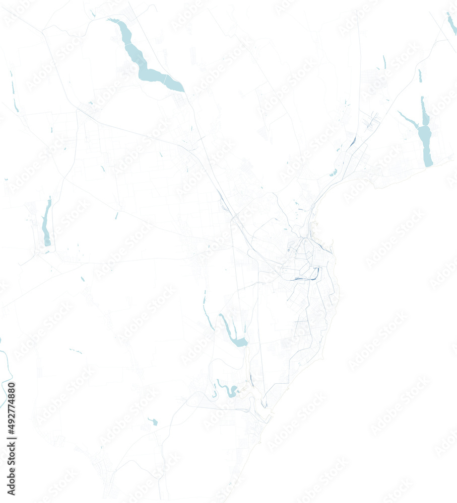Obraz premium Map of Odessa, Ukraine. Buildings and city center. Aerial view. Roads and communication routes. Access points to the city. Black and white, satellite view. Train rails