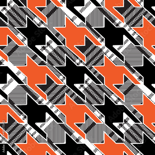 Hounds tooth patchwork pattern. Orange, black and white glen check fabric swatch.