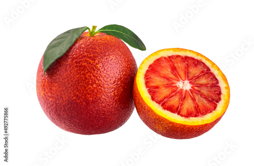 red oranges half and slice isolated on white background.