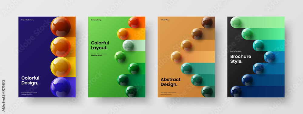Modern realistic balls leaflet template collection. Clean corporate identity A4 design vector illustration set.