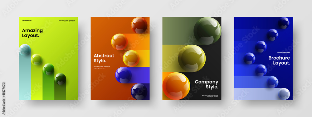 Premium realistic spheres company identity concept composition. Original poster A4 design vector template bundle.