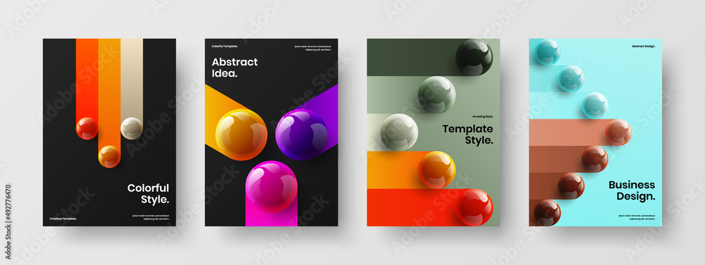 Multicolored handbill vector design template bundle. Abstract realistic spheres book cover concept collection.