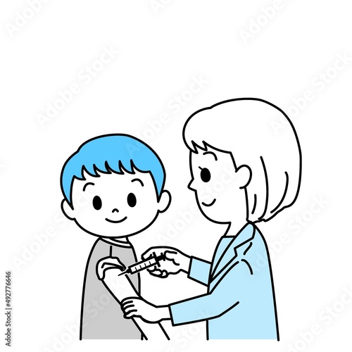 イラスト素材：5～11歳小児への新型コロナワクチン接種開始（小児接種/笑顔/主線あり/単色）
