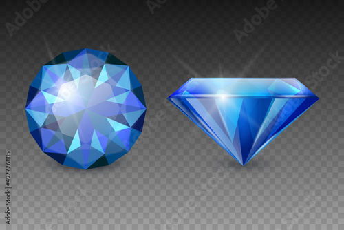 Vector 3d Realistic Blue Transparent Gemstone, Diamond, Crystal, Rhinestones Icon Set Closeup Isolated. Jewerly Concept. Design Template, Clipart. Top and Side View