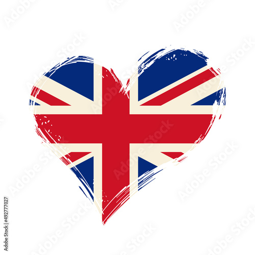 British flag heart-shaped grunge background. Vector illustration.