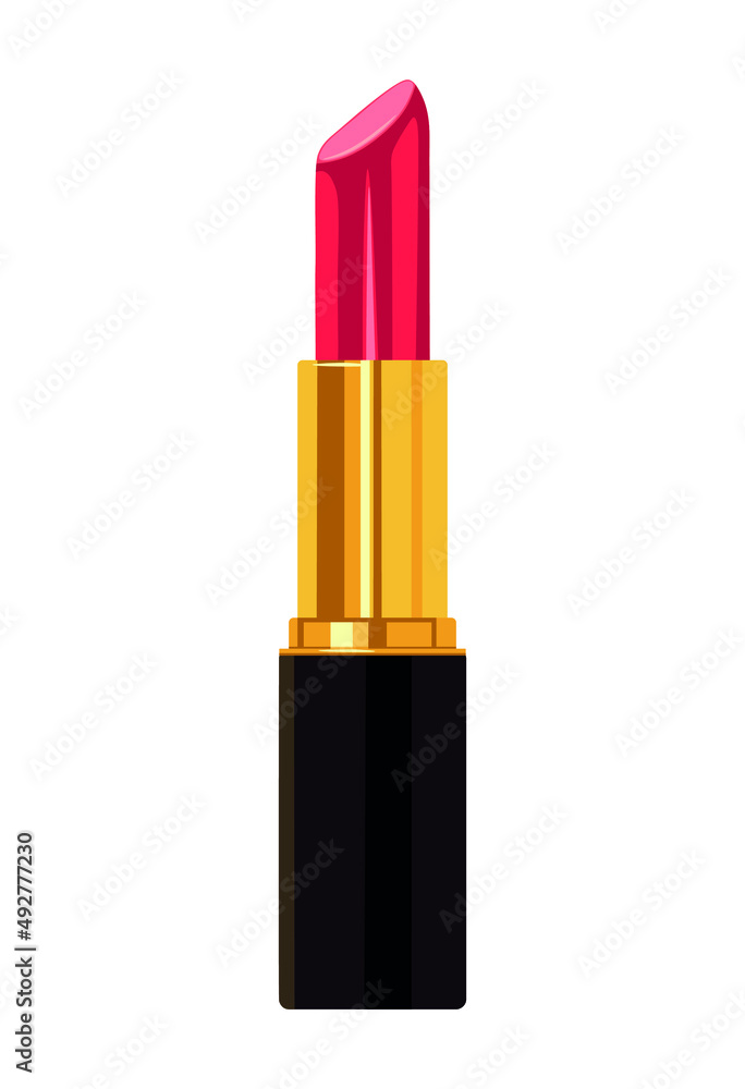 Obraz premium Lipstick isolated on white background.Red lipstick in a black tube with gold trim on a white background. Vector illustration
