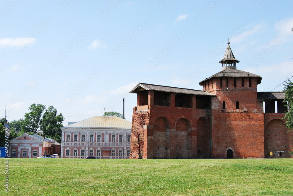 View of the Faceted Tower of the Kolomna Kremlin and part of the street behind it View of the Faceted Tower of the Kolomna Kremlin and part of the street behind it