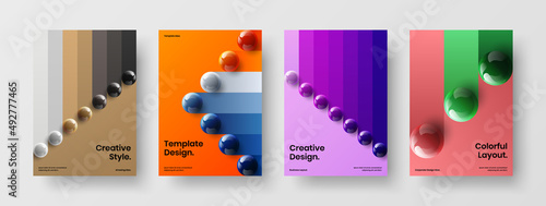 Unique 3D balls corporate cover illustration composition. Geometric company brochure design vector template bundle.
