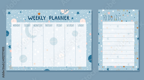 Cute set with Weekly planner and To do list for children. Cosmic theme vector illustrations. Hand drawn schedules for school and preschool education.