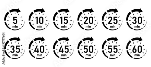 10, 15, 20, 25, 30, 35, 40, 45, 50 min,Timer, clock, stopwatch isolated set icons. Great design for any purposes. Vector logo photo